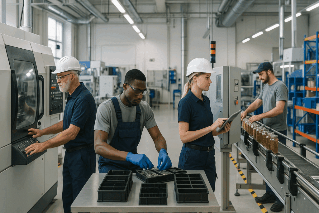 Modern gyári munkások gyári álláslehetőségek közben Magyarországon.