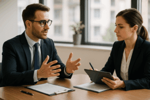 kompetenciaalapú interjú modern irodában, jelölt és HR szakember beszélgetése