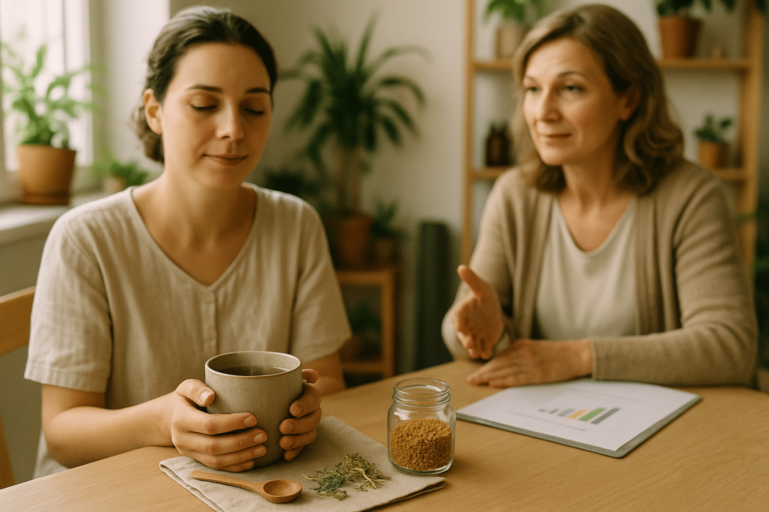 Nő gyógyteával konzultál szakértővel magas prolaktinszint támogatásáért