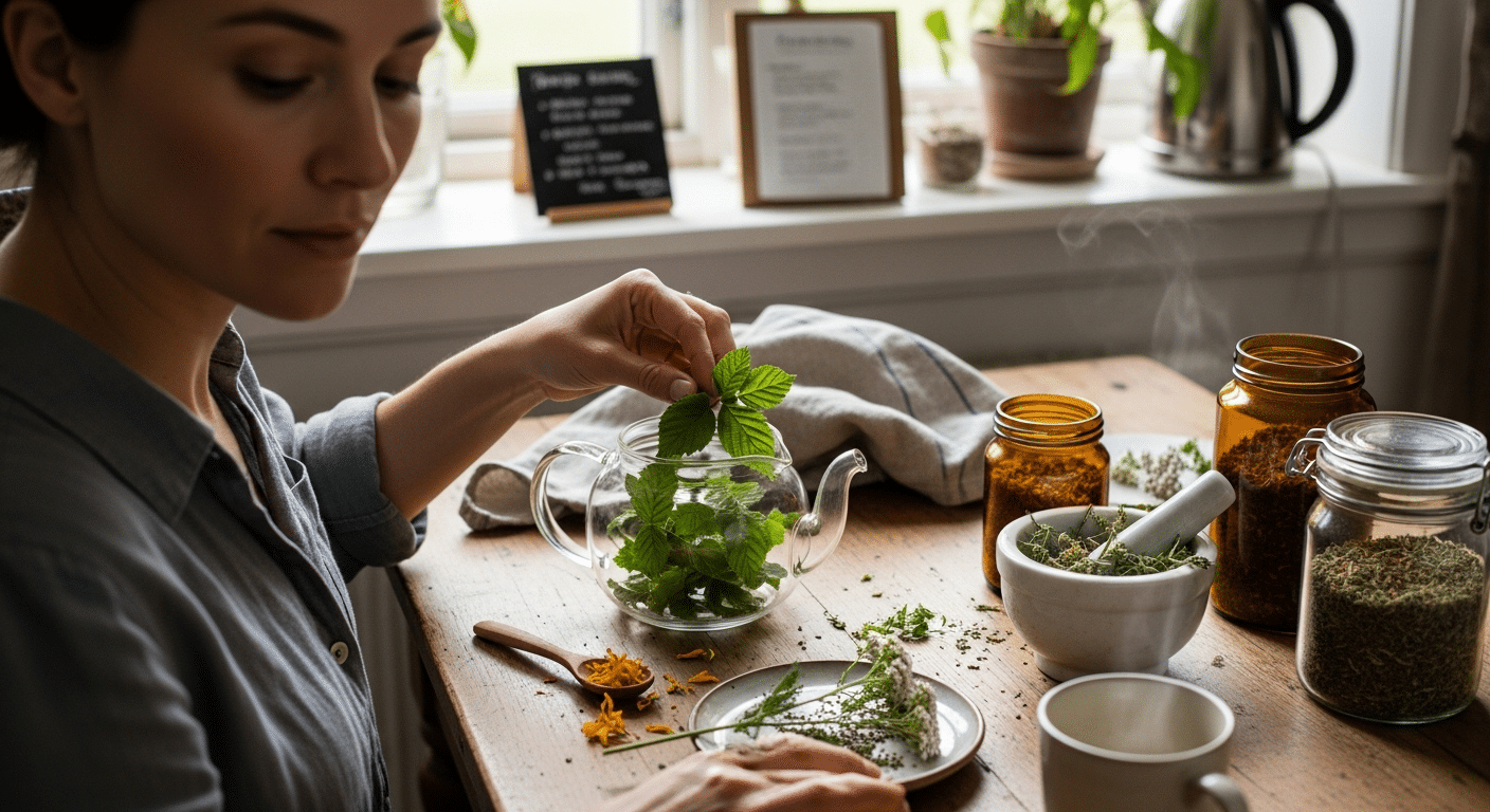 Nő gyógynövényteát készít a természetes méherősítés támogatására