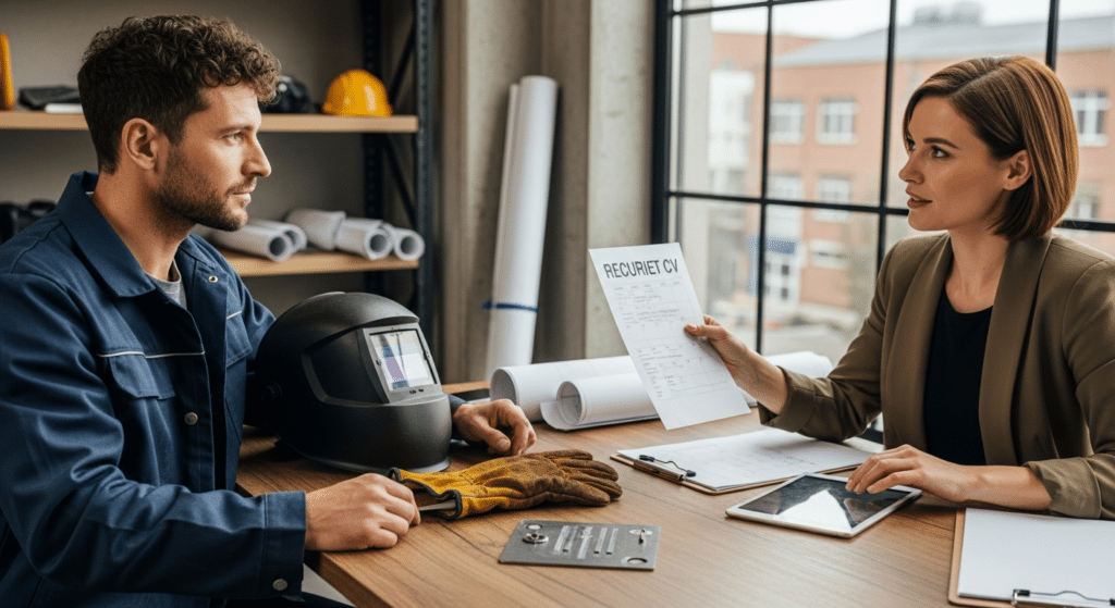 állás jelentkezési folyamat: hegesztő jelölt és toborzó interjún, sisak és kesztyű az asztalon