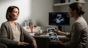 Nőgyógyászati konzultáció méhpolip esetén, beteg és orvos ultrahanggal