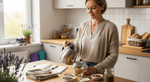 Menopauza kezelése természetesen: nő gyógynövényes teát készít a konyhában