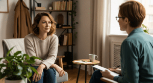 pszichológiai tanácsadás stresszre: nő ül, figyelmes pszichológus jegyzetel