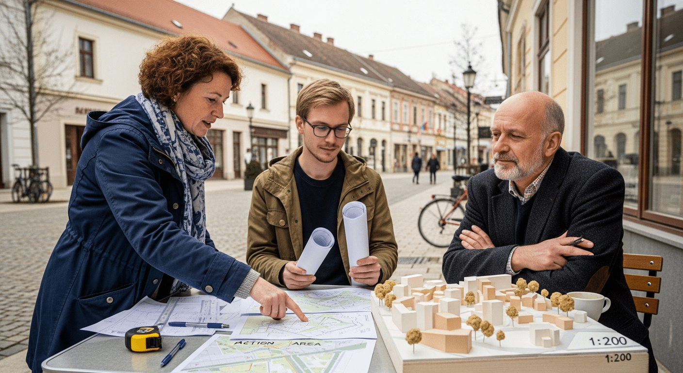 Tervezők Mosonmagyaróváron városfejlesztési integrált tervek makettjét és térképeit vizsgálják