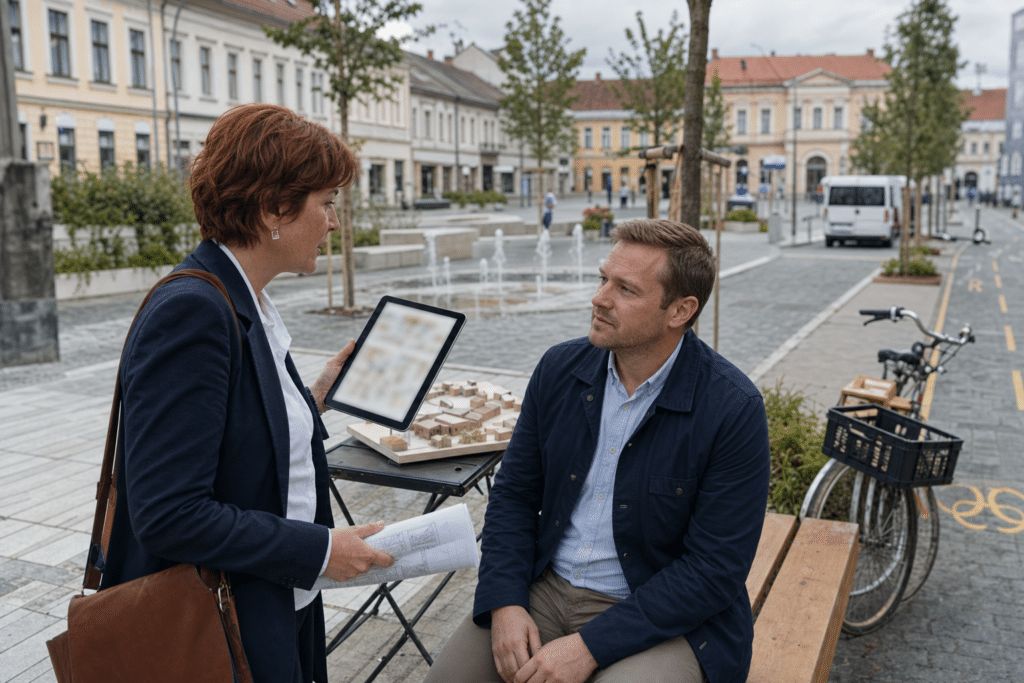 városfejlesztési területfejlesztés: várostervező és helyi kereskedő a felújított főtéren