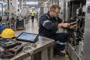 mechanikus karbantartó nyomatékkulccsal javít gyártógépet, tablet az asztalon